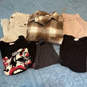 Garage pants cargo size xs flair leg size 7 plaid shirt crop tops xs LOT
